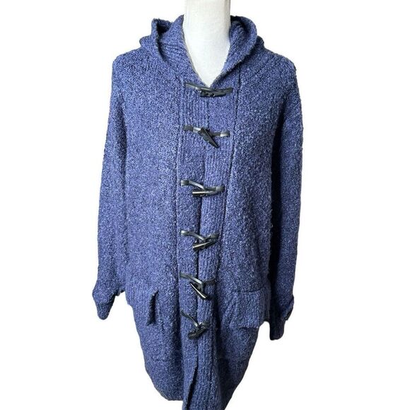 Gretchen Scott Boucle Stadium Coat Blue Pockets Hood Toggle Buttons Size Large - Picture 2 of 8